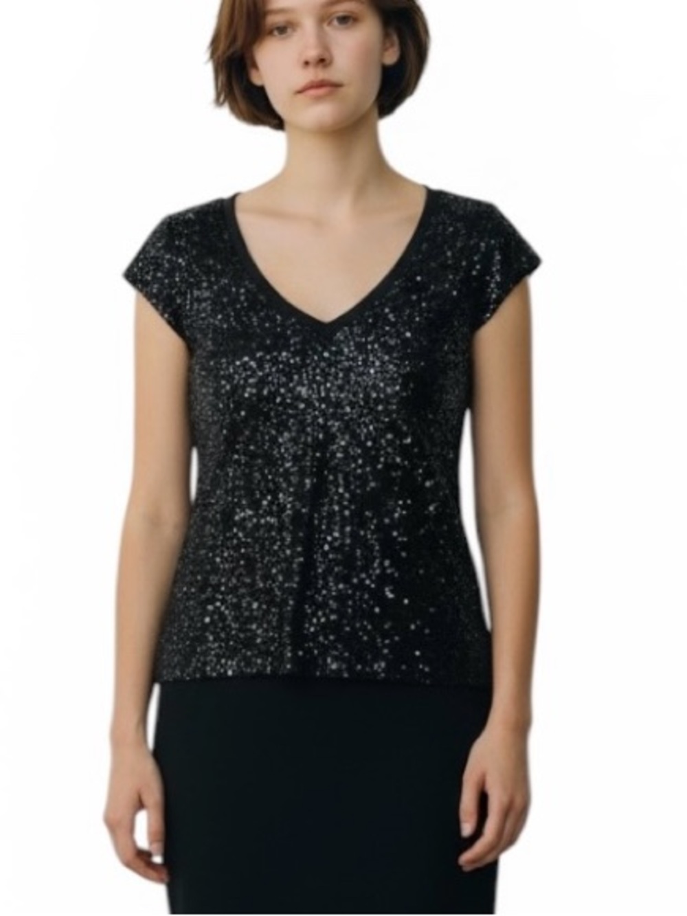 Express Shirt Womens XS Black Sequin Sparkle V Neck Cap Sleeve Party Top